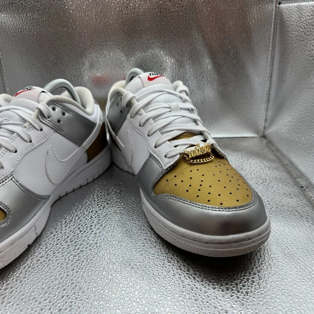 Size 9.5 Nike‎ Dunk Low Womens Gold White Silver Athletic Sneakers DH4403-700 - Picture 5 of 11